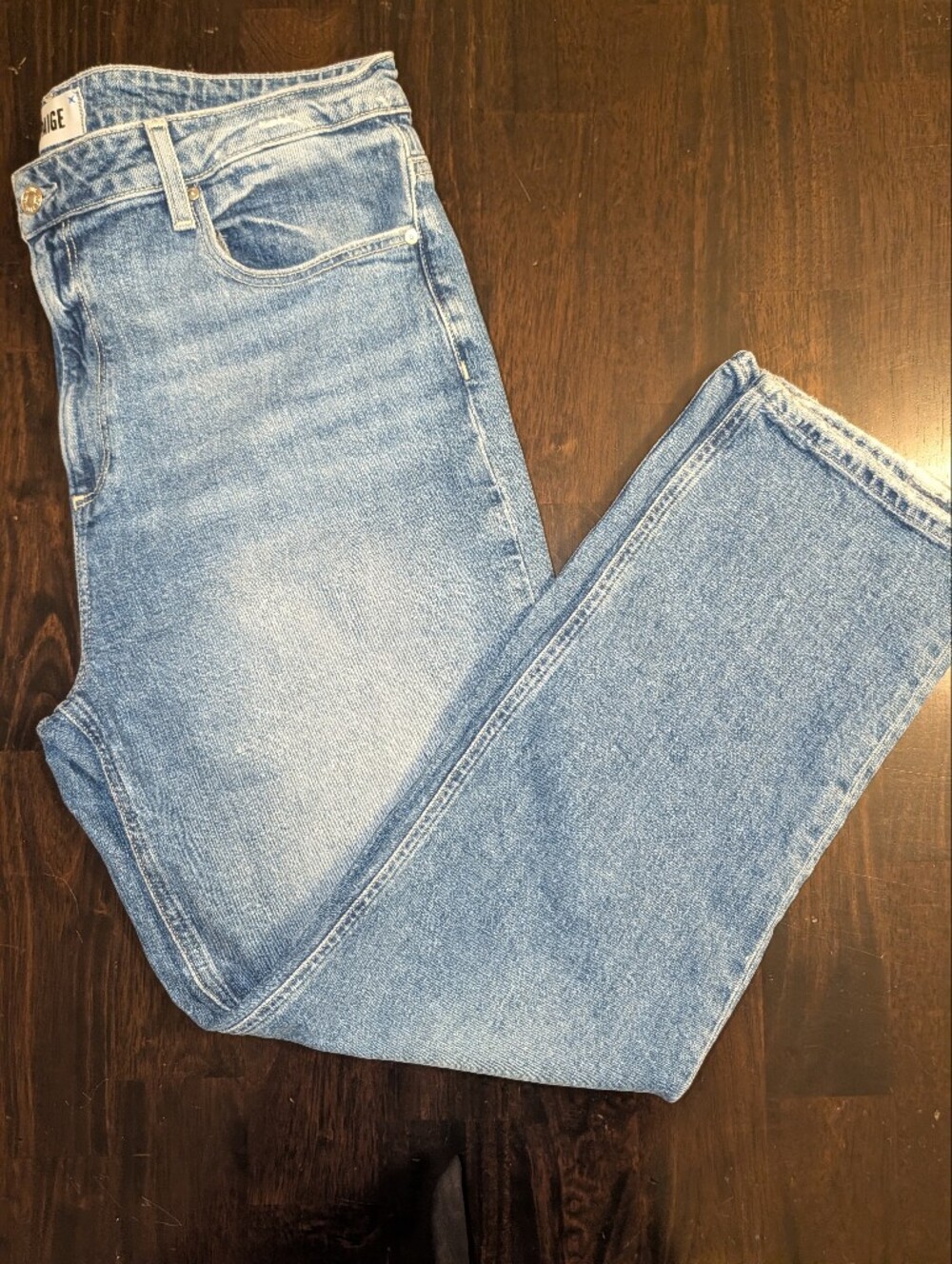 PAIGE Women's Straight Leg Jeans Light Wash Blue Relaxed Clean Worn Look